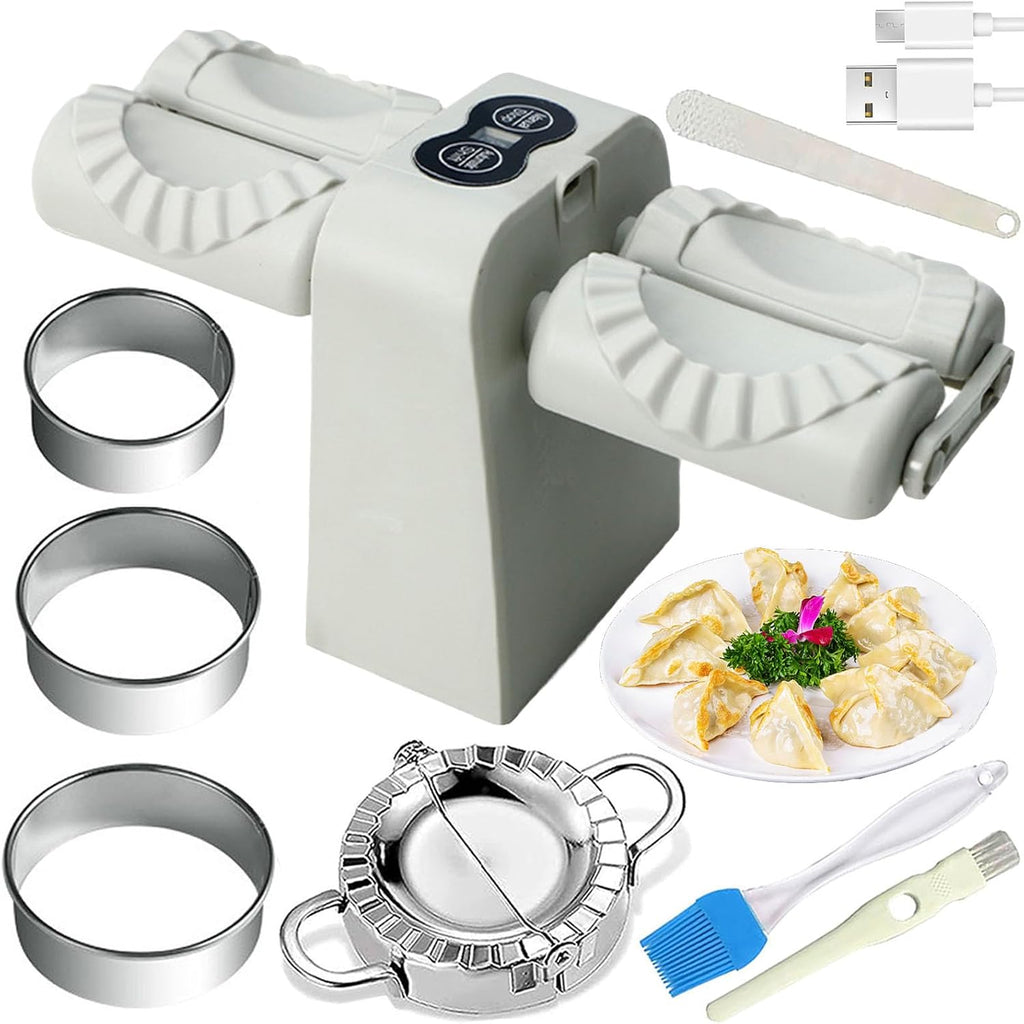 Dumpling-making machine with accessories on a white background