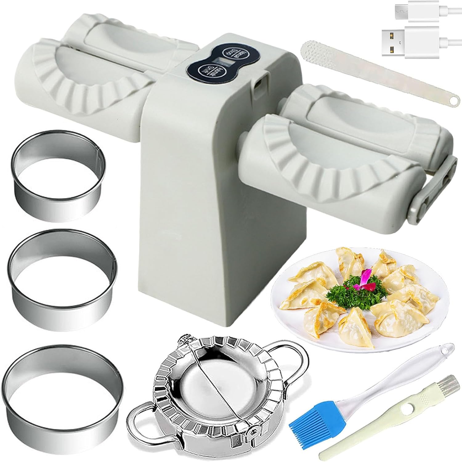 Dumpling-making machine with accessories on a white background