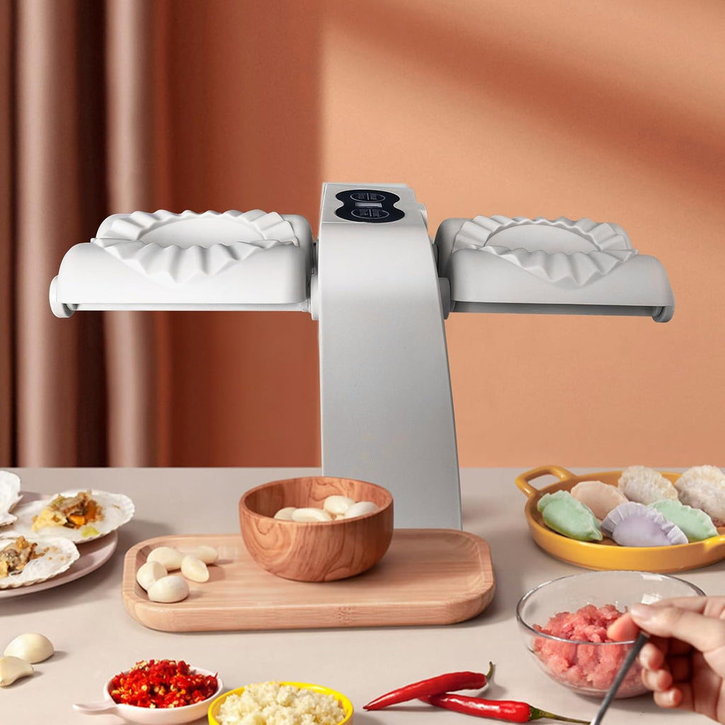 Dough sheeter with ingredients on a table against an orange wall