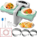 Food preparation device with tortilla press, bowls of food, and accessories on a white background