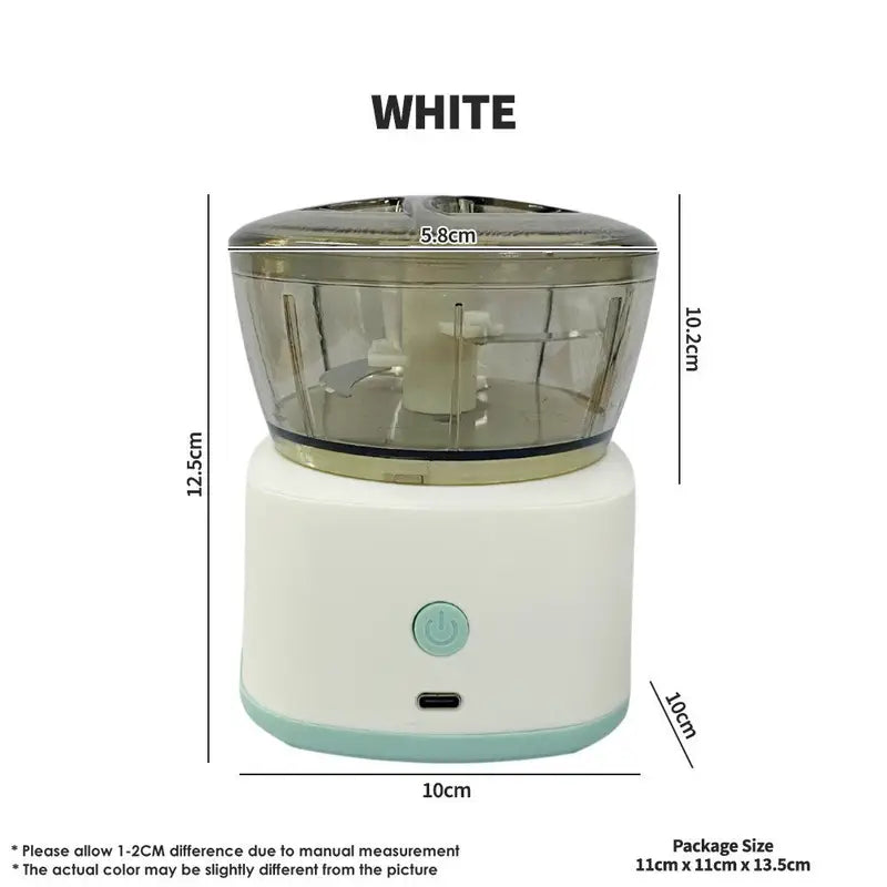 White kitchen appliance with dimensions and package size details on a white background