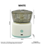 White kitchen appliance with dimensions and package size details on a white background