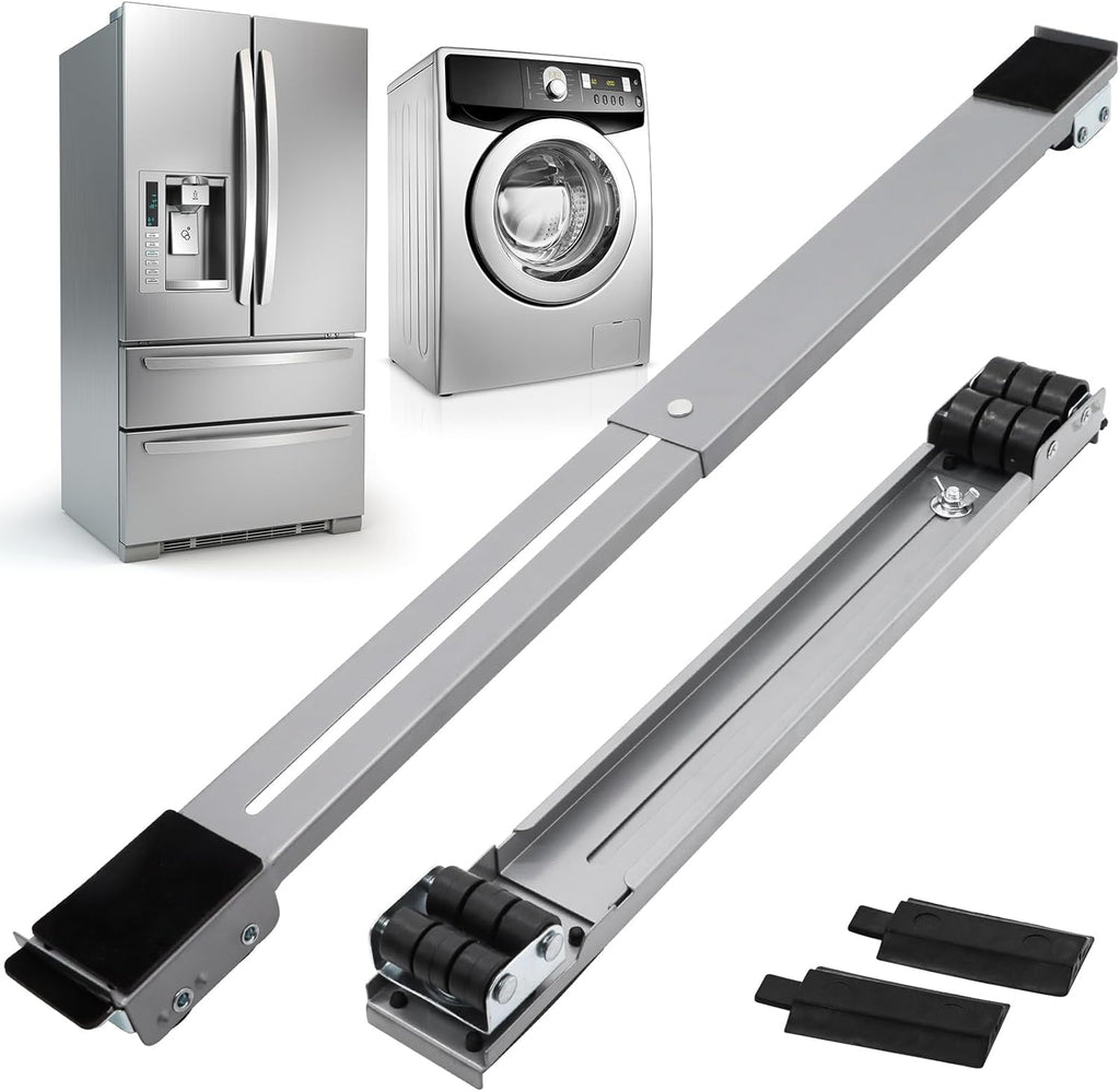 Metal slides with wheels next to a refrigerator and washing machine on a white background