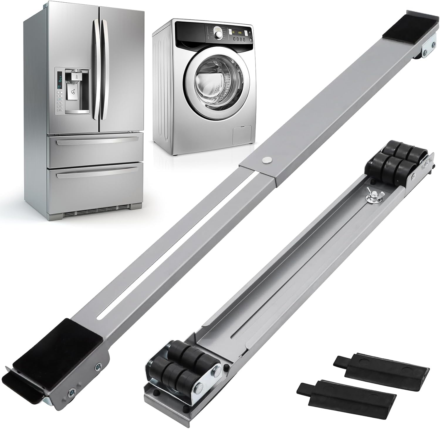 Metal slides with wheels next to a refrigerator and washing machine on a white background