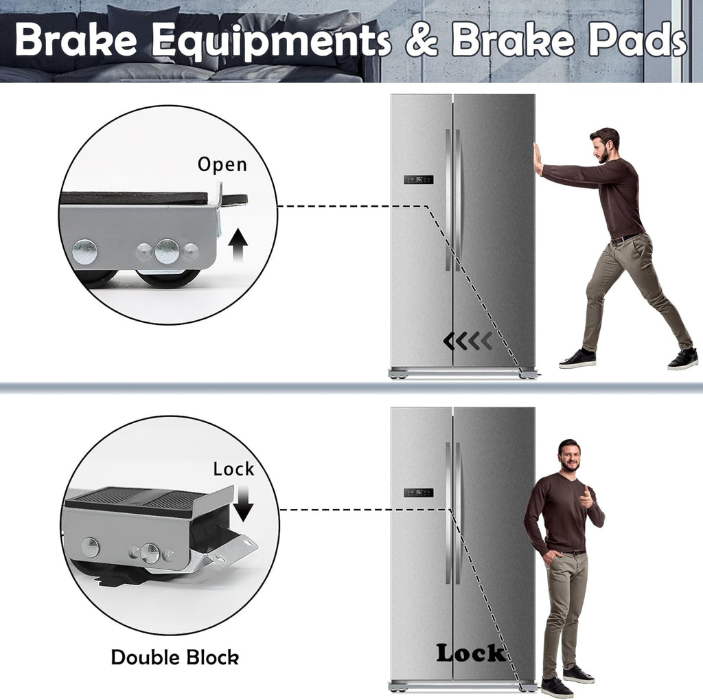 Brake equipment and brake pads with a refrigerator illustration showing open, lock, and double block functions.