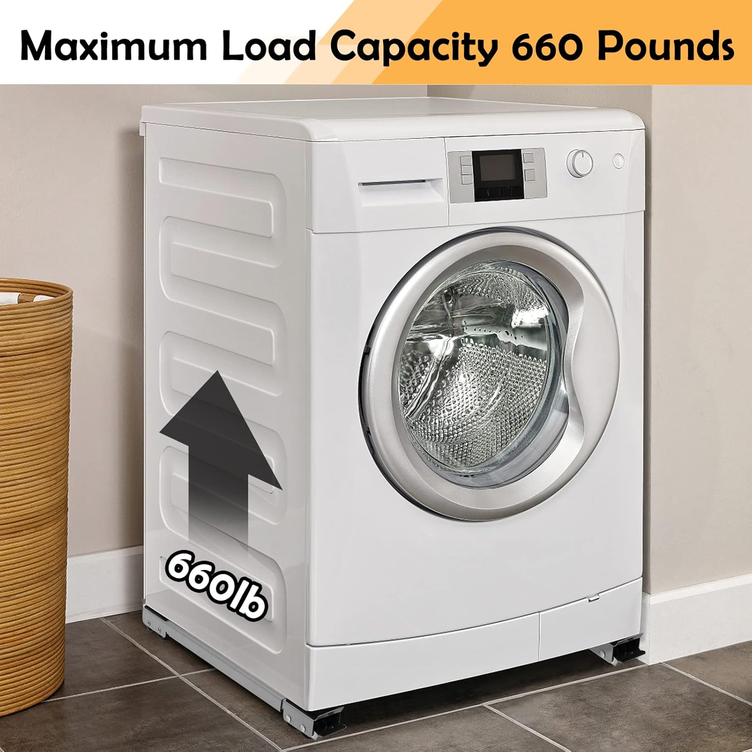 White washing machine with a protective mat labeled 'Maximum Load Capacity 660 Pounds' and '660lb'.