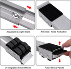 Product features including adjustable length stand, anti-slip noise reduction, 24 upgraded small wheels, and pulley brake paddle.