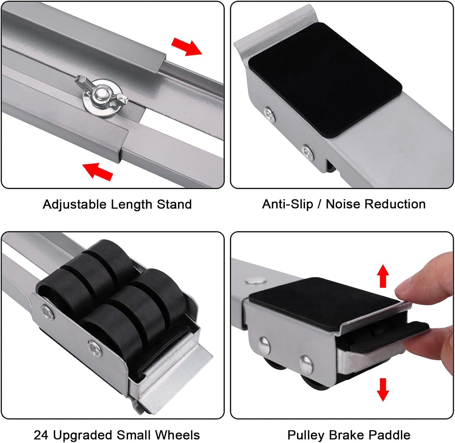Product features including adjustable length stand, anti-slip noise reduction, 24 upgraded small wheels, and pulley brake paddle.
