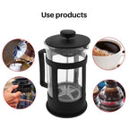 Black French press coffee maker with images of coffee preparation around it on a white background.