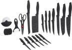 Set of black kitchen knives and tools on a white background