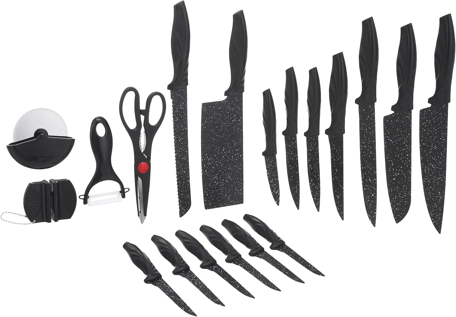 Set of black kitchen knives and tools on a white background