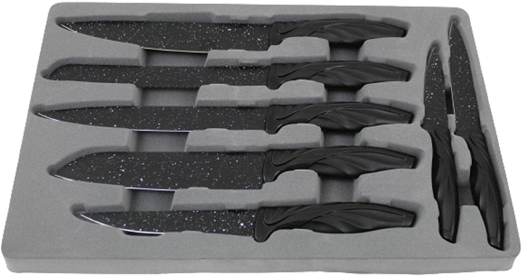 Set of knives with black handles in a gray foam tray