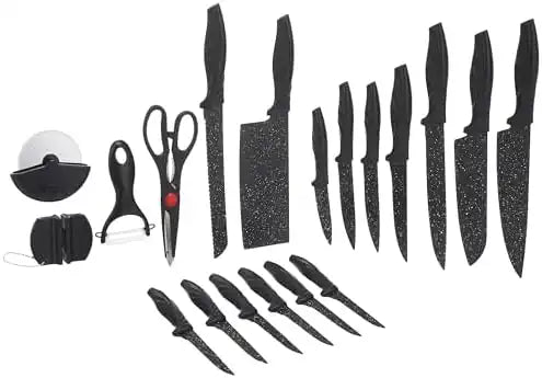 Set of black kitchen knives and tools on a white background