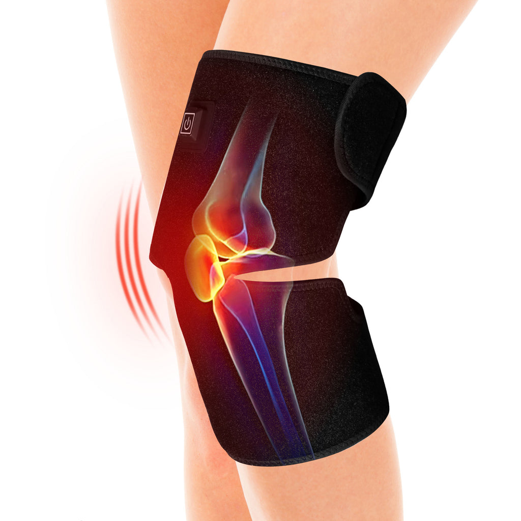 Black knee brace on a person's knee with a detailed view of the knee joint.
