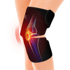 Black knee brace on a person's knee with a detailed view of the knee joint.