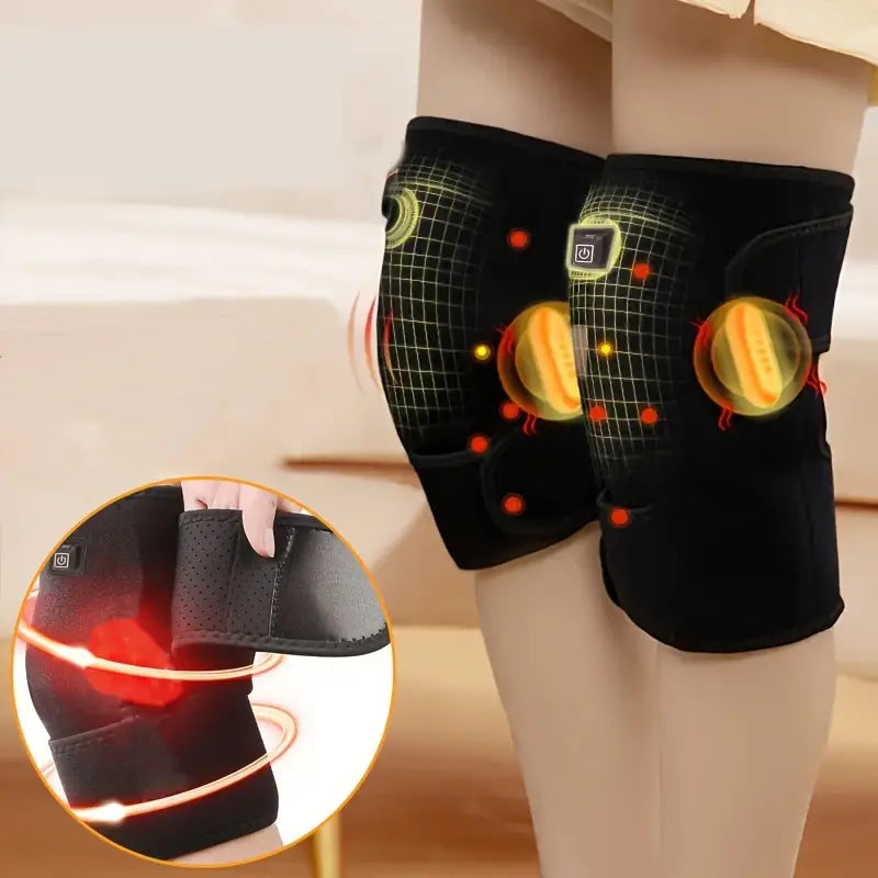 Black knee pads with LED lights worn by a person, inset showing close-up of pad.
