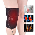 Heated knee brace on a person's leg with inset images of knee pain and anatomy.