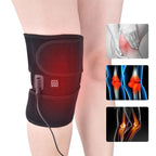 Heated knee brace on a person's leg with inset images of knee pain and anatomy.