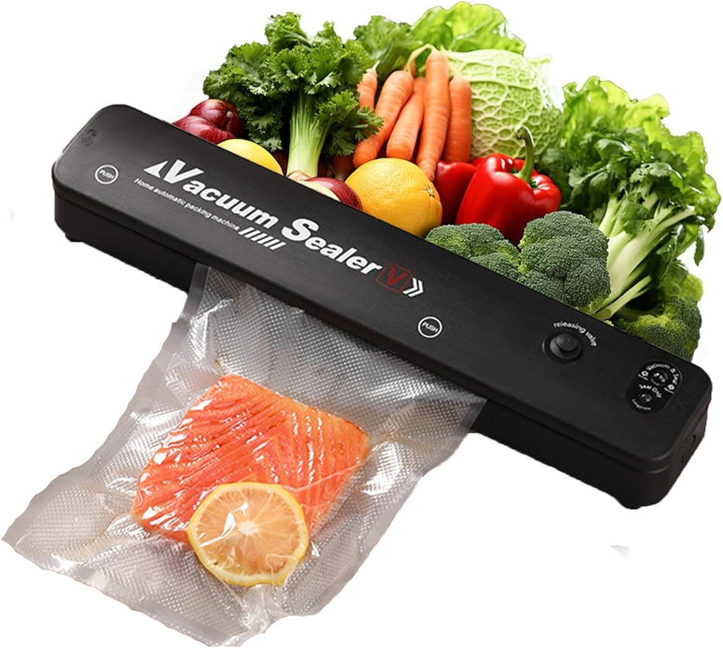 Vacuum sealer with food items on a white background