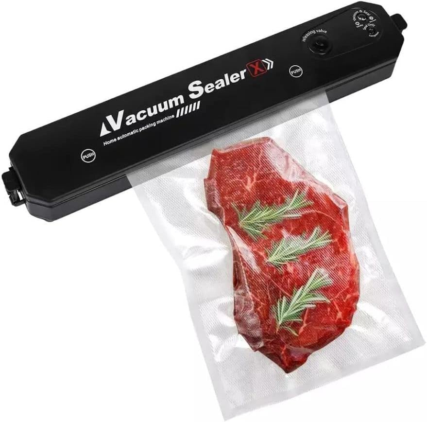 Vacuum sealer with a bag of meat and herbs on a white background