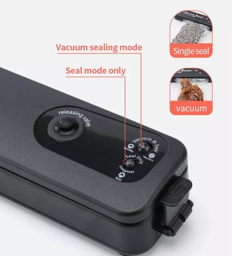 Black vacuum sealing device with labeled modes on a white background