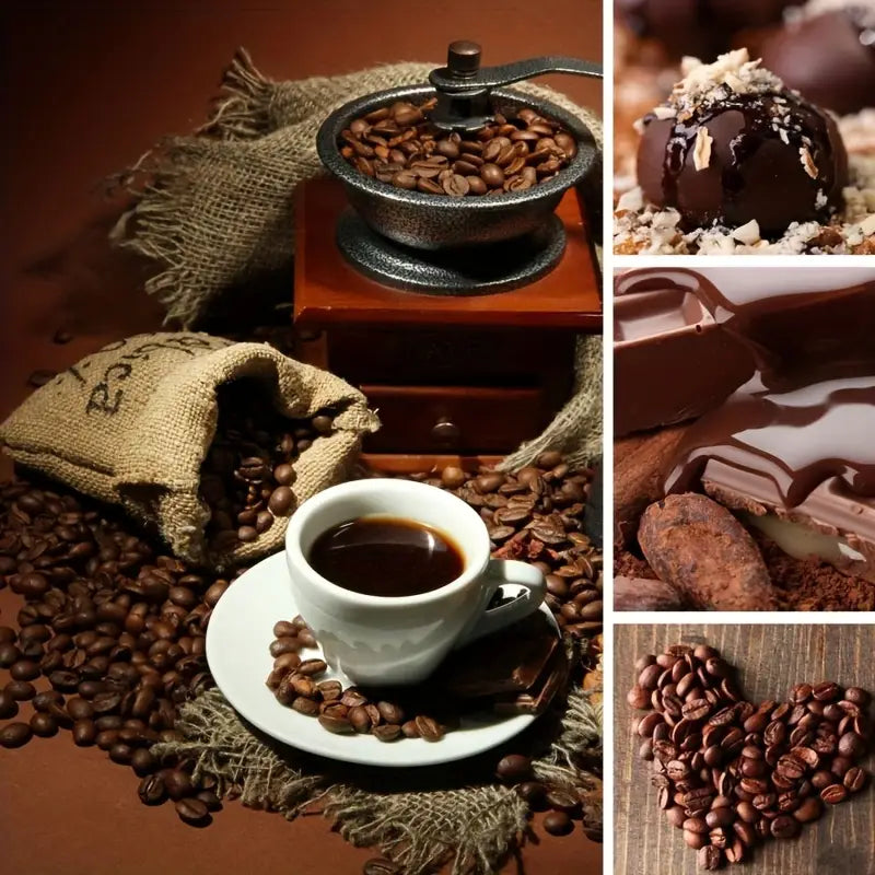 Collage of coffee-themed images including coffee beans, a grinder, a cup of coffee, and chocolate truffles.
