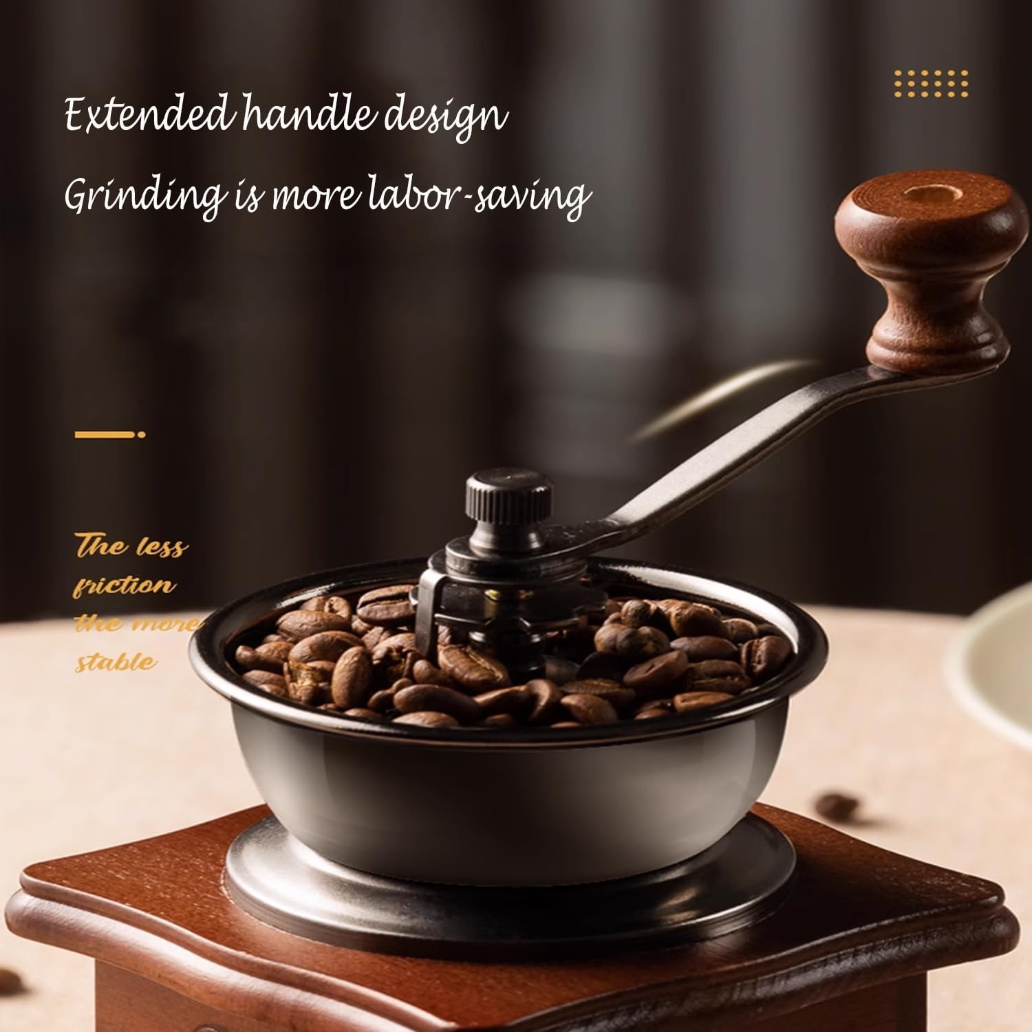 Manual coffee grinder with coffee beans on a wooden base
