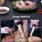Collage showing usage method of a sausage-making tool with ingredients and process steps.
