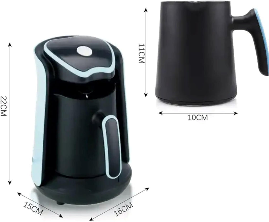 Black electric kettle with measurements on a white background