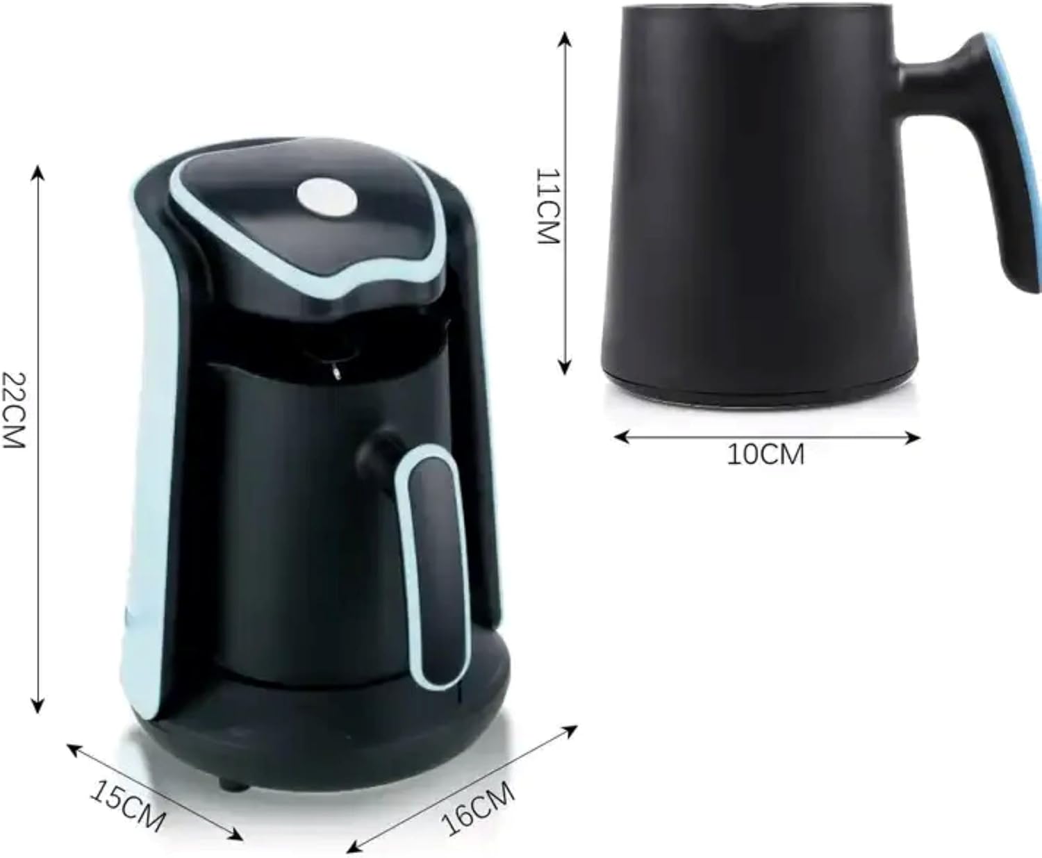 Black electric kettle with measurements on a white background