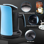 Blue and black coffee maker with close-up details on a dark background
