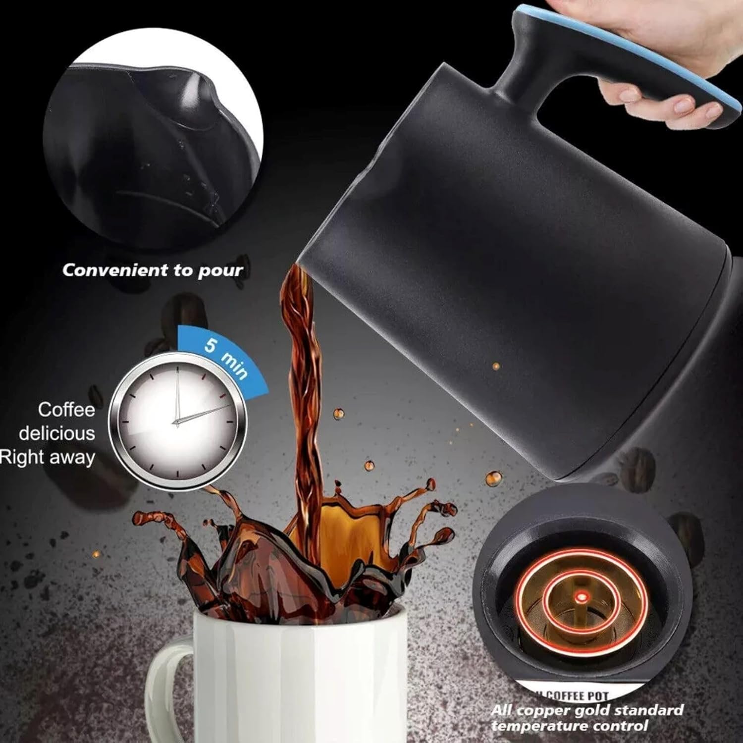 Black coffee pot pouring coffee into a mug with text highlighting features.