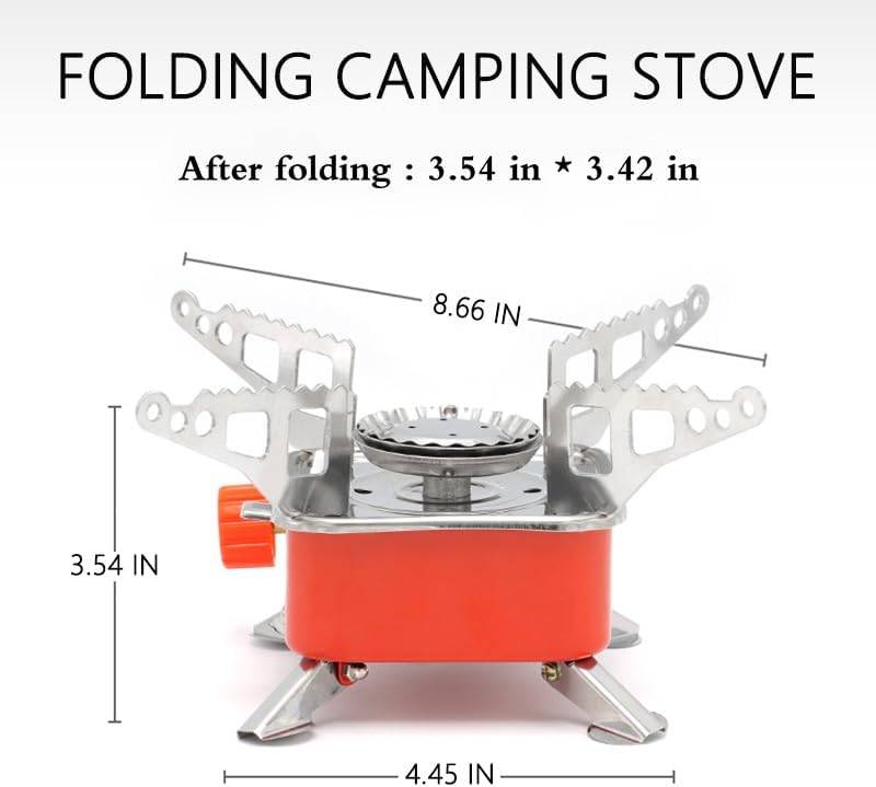 Folding camping stove with dimensions on a white background