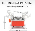 Folding camping stove with dimensions on a white background