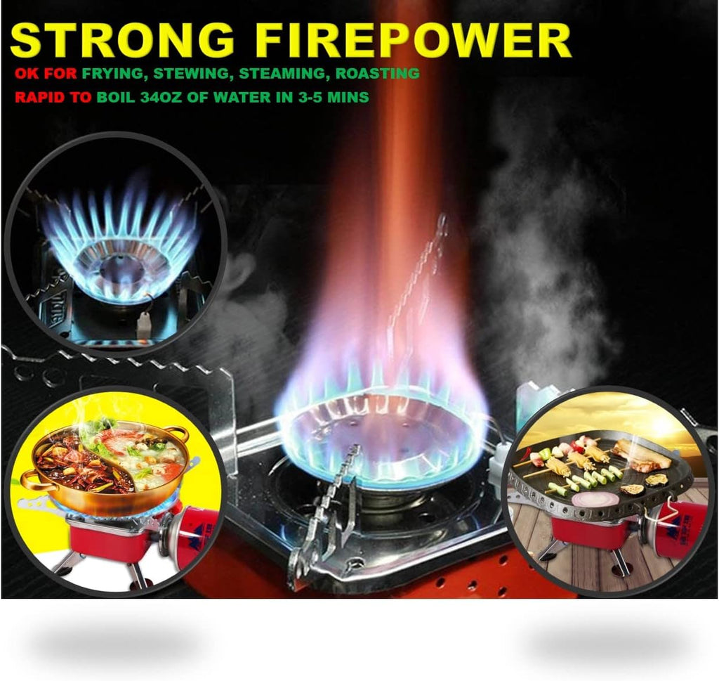 Portable stove with flames and cooking illustrations, emphasizing strong firepower.