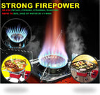 Portable stove with flames and cooking illustrations, emphasizing strong firepower.