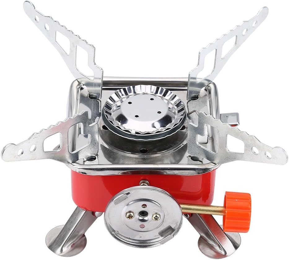 Portable gas stove with red base and silver top on a white background