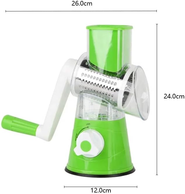 Green manual vegetable chopper with measurements on a white background