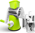 Green manual rotary cheese grater with additional attachments on a white background