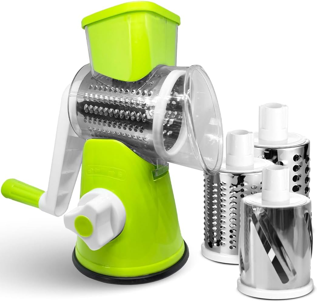 Green manual rotary cheese grater with additional attachments on a white background