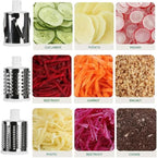 Veggie spiralizer with sliced vegetables including cucumber, potato, radish, beetroot, carrot, walnut, photo, beetroot, and cookie.
