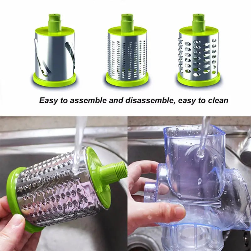 Green and silver rotary cheese grater with assembly and cleaning instructions.