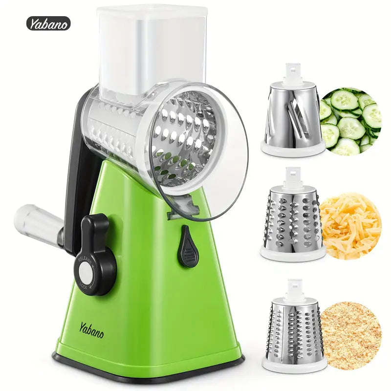 Green manual vegetable chopper with attachments and sliced vegetables on a white background