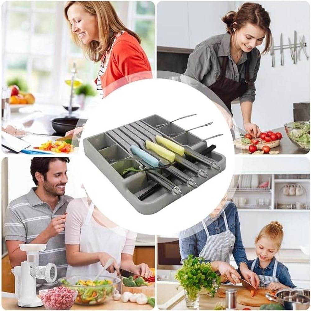 Collage of people cooking with a focus on a knife holder in the center.