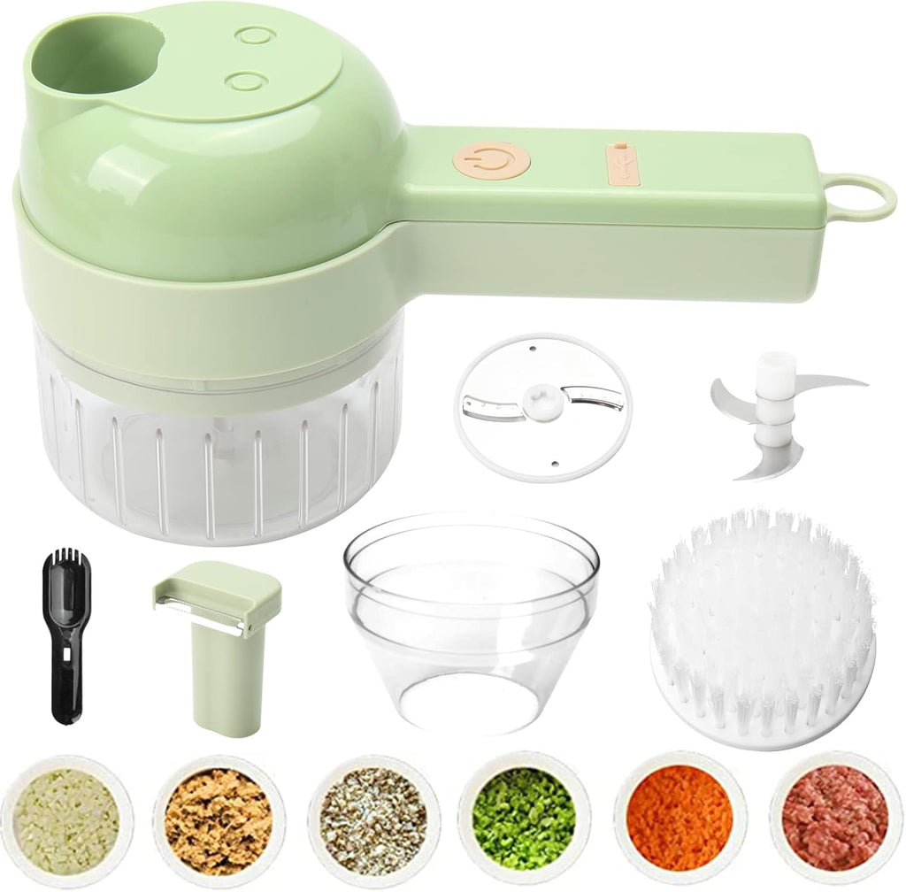 Green kitchen tool with attachments and ingredients on a white background