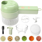 Green kitchen tool with attachments and ingredients on a white background