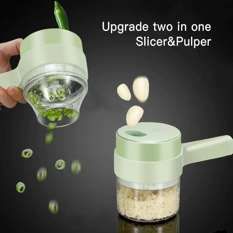 Two-in-one slicer and pulper with green handle and clear container on a dark background.