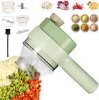 Green manual vegetable chopper with various chopped vegetables and ingredients on a white background
