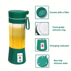 Green portable blender with yellow liquid, featuring text on features like filter, silicone ring, charging indicator, and non-slip mats.