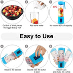 Step-by-step guide on using a portable blender with fruits.